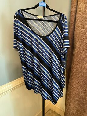 Lavish Black and Blue Diagonal Stripe Scoop Neck Top